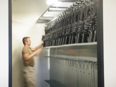 Mobile Weapon Rack Shelving System with woven wire tops for added security 