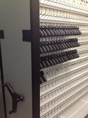 High Density Pistol Storage in Combat Weapon Shelving